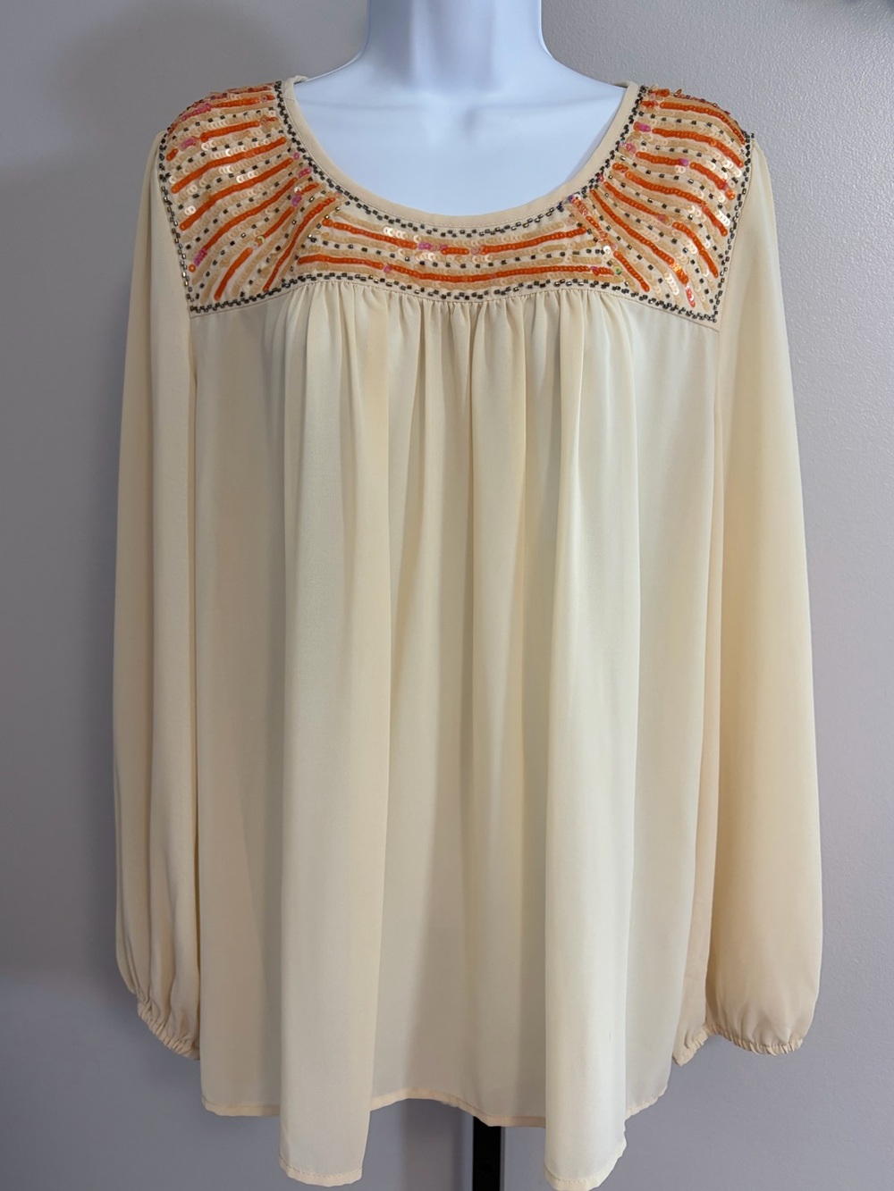 Umgee Cream Sequin Yoke Peasant Tunic Top